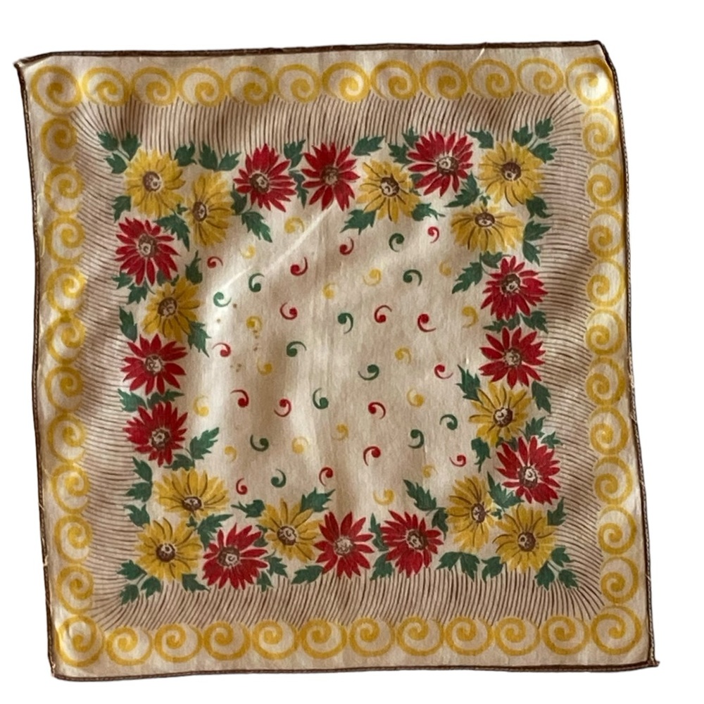 Vintage Yellow & Pink  Floral Handkerchief Embroidered Edge Great Condition!